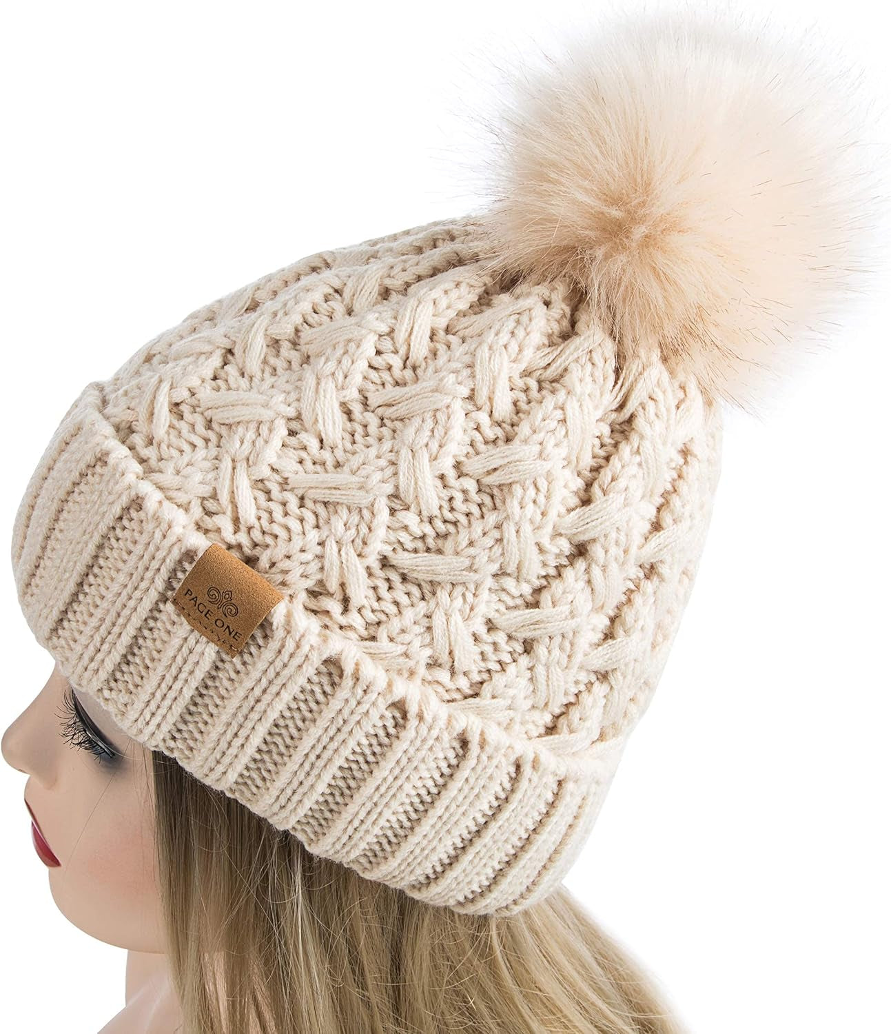 PAGE ONE Womens Winter Ribbed Beanie Crossed Cap Chunky Cable Knit Pompom Soft Warm Hat