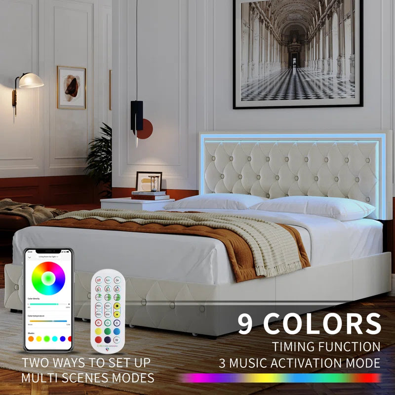 Ancuta Luxury Velvet LED Queen Platform Bed with Storage Drawers – Smart RGB Lighting & Music Sync, Adjustable Tufted Headboard, Noise-Free Design, No Box Spring Needed