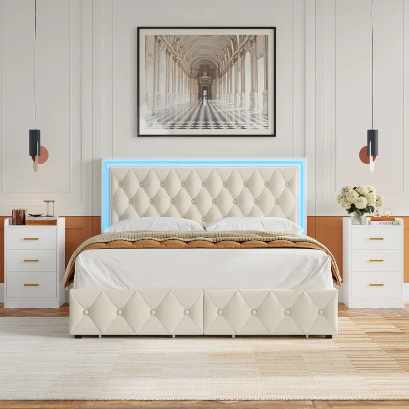 Ancuta Luxury Velvet LED Queen Platform Bed with Storage Drawers – Smart RGB Lighting & Music Sync, Adjustable Tufted Headboard, Noise-Free Design, No Box Spring Needed